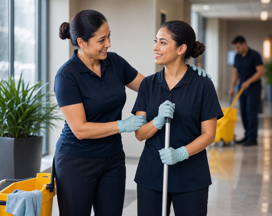 Cleaning professionals in uniform working together