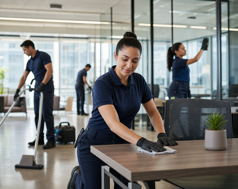 Cleaning professional reviewing quality standards in a clean workspace