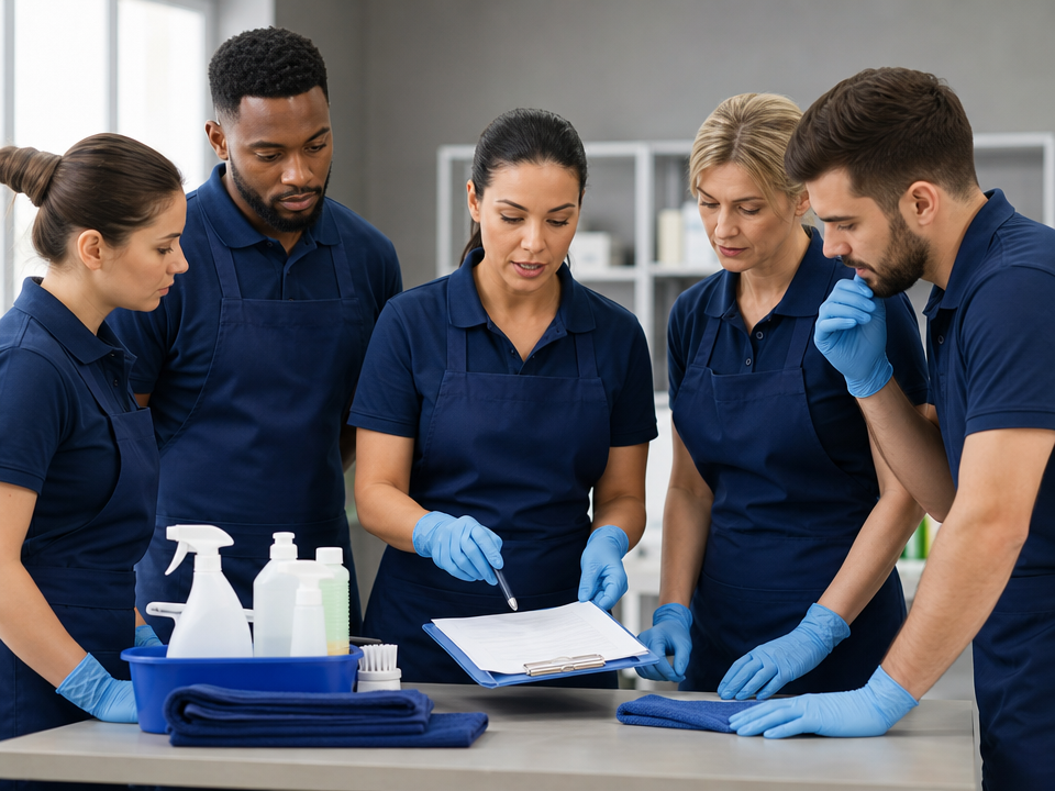 Cleaning professionals reviewing procedures during training