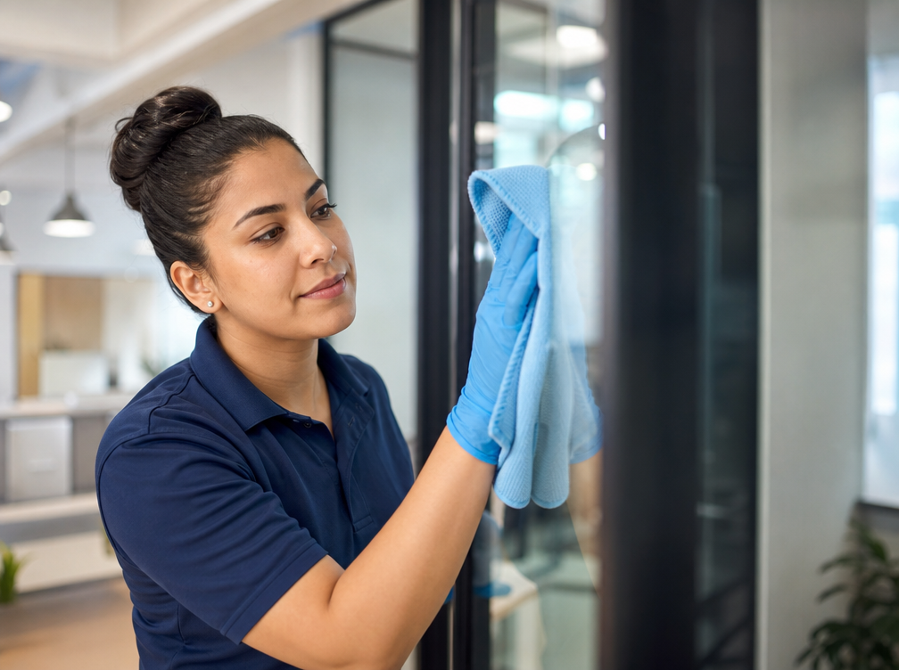 Professional cleaner working in a bright modern space